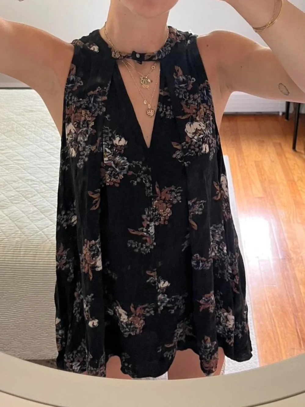 Sleeveless Black Floral V-Neck Mini Dress